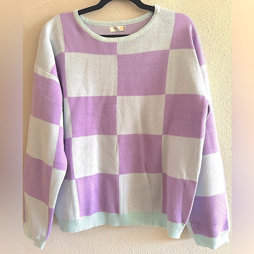 A4 - 217 Blushing brunette light blue and purple checkered sweater size large
